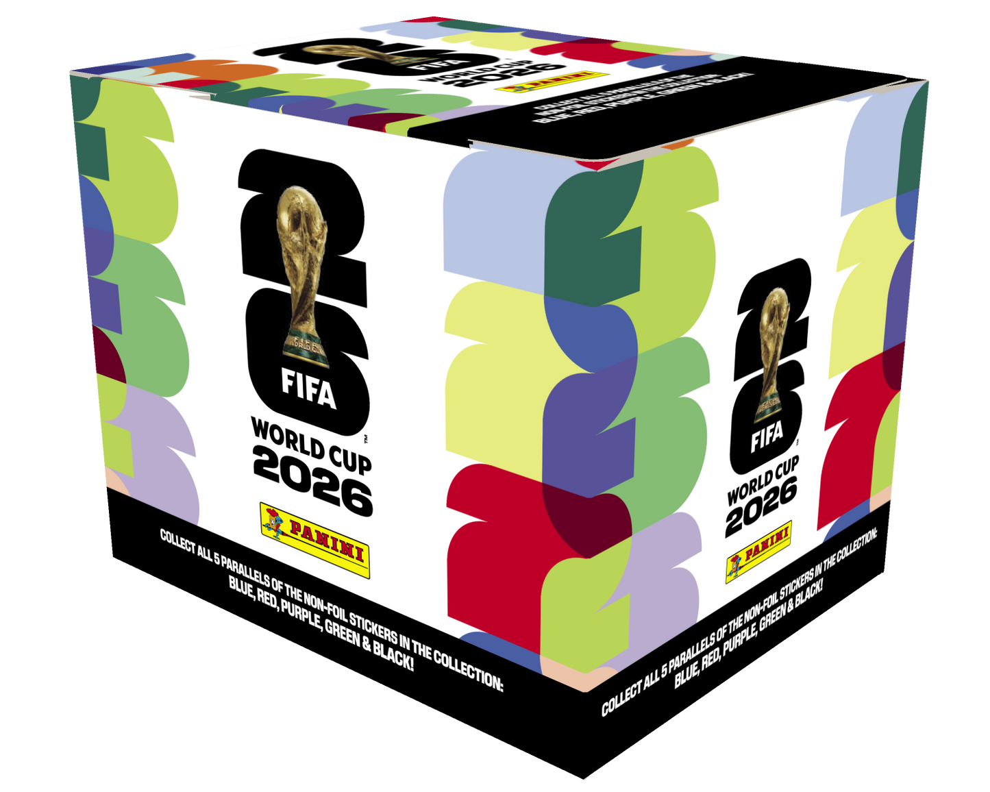 FIFA World Cup 2026 trading card box with colorful design and Panini logo.