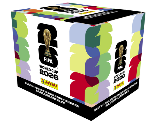 FIFA World Cup 2026 trading card box with colorful design and Panini logo.